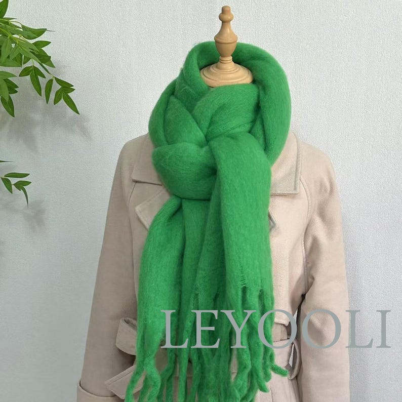 Green Mohair Blend Scarf, Warm Winter Tassel Scarf