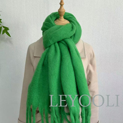Green Mohair Blend Scarf: Warm Winter Tassel Scarf