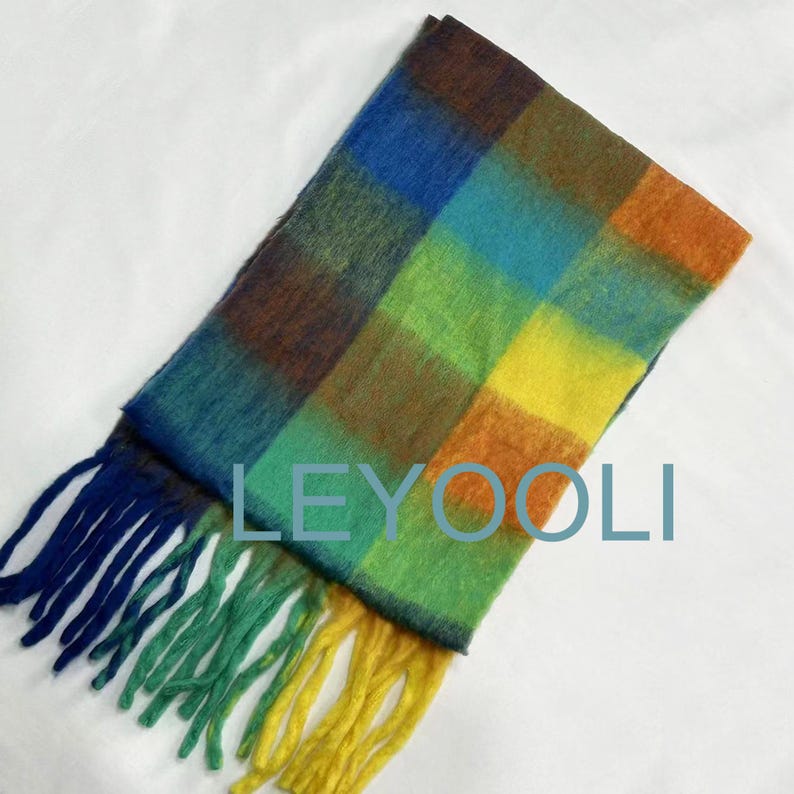 Rainbow Mohair Scarf: Soft Plaid Winter Accessory
