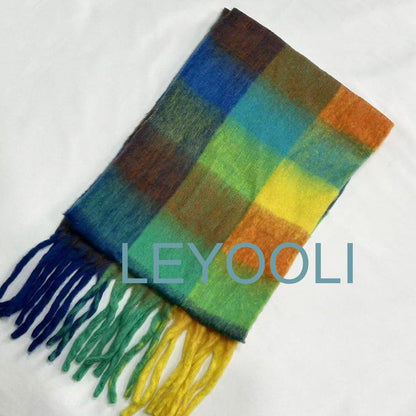 Rainbow Mohair Scarf: Soft Plaid Winter Accessory