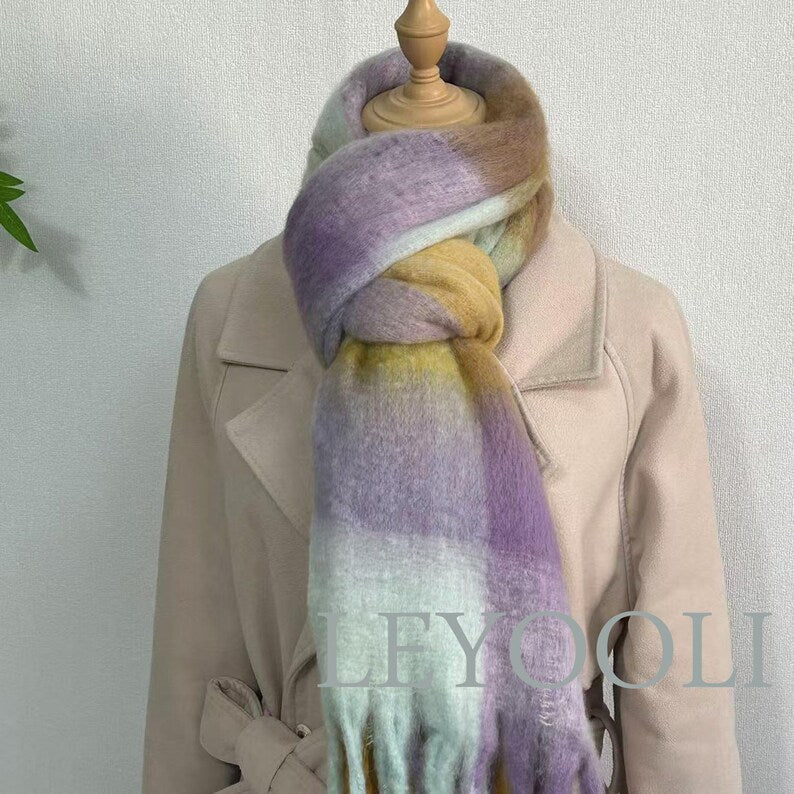 Mohair Plaid Scarf: Yellow Purple Rainbow Shawl