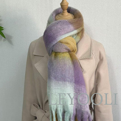 Mohair Plaid Scarf: Yellow Purple Rainbow Shawl