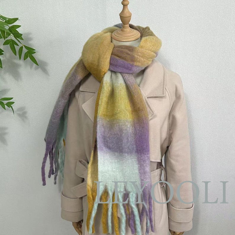 Mohair Plaid Scarf: Yellow Purple Rainbow Shawl