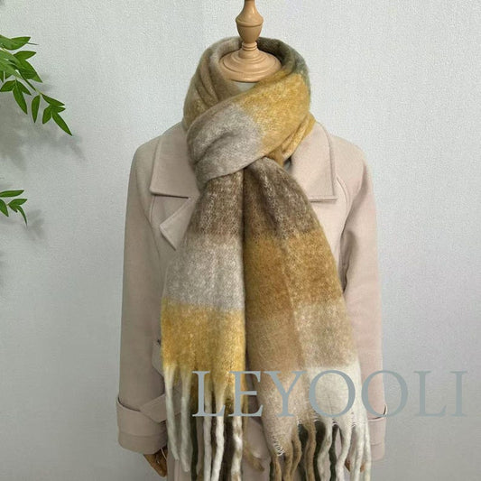Brown Plaid Mohair Scarf, Warm Winter Shawl