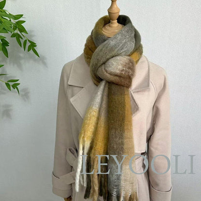 Brown Plaid Mohair Scarf, Warm Winter Shawl