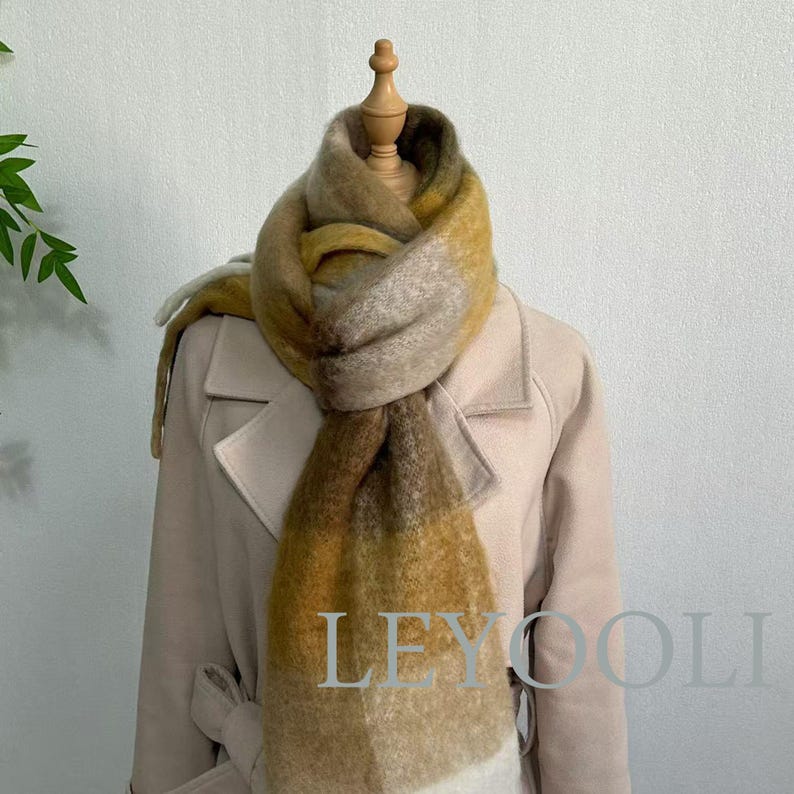 Brown Plaid Mohair Scarf, Warm Winter Shawl