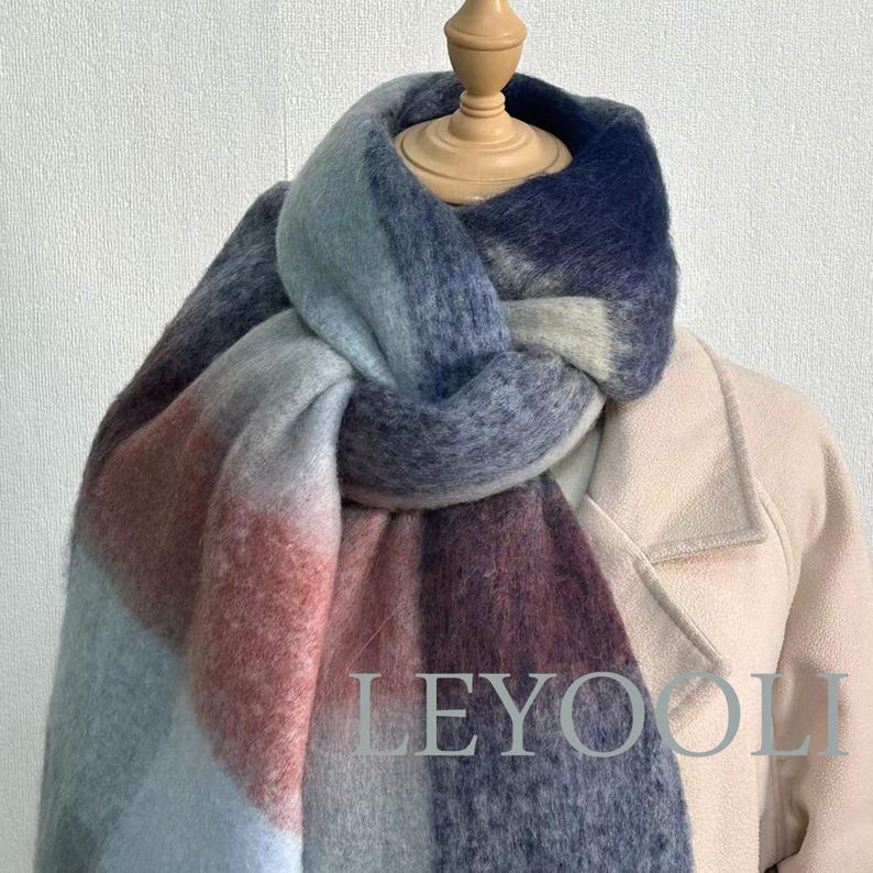 Blue Gray Plaid Mohair Blend Scarf, Warm Winter Shawl
