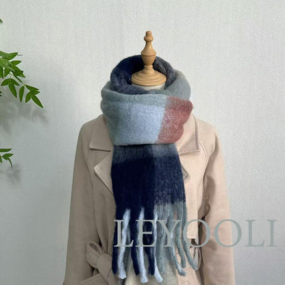 Blue Gray Plaid Mohair Blend Scarf, Warm Winter Shawl