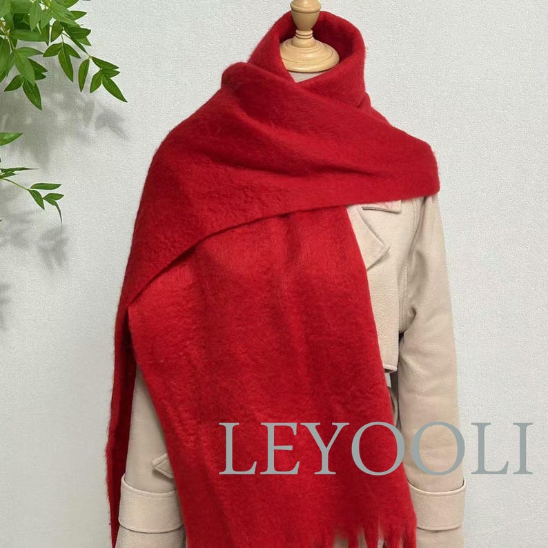 Red Mohair Blend Winter Scarf, Tassel Fringe