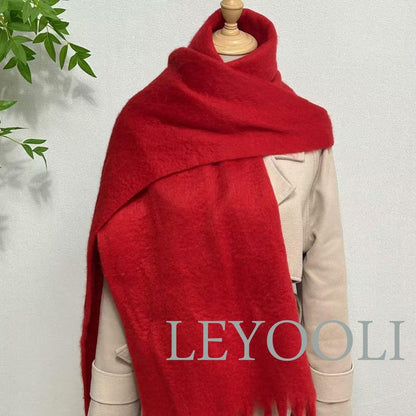 Red Mohair Blend Winter Scarf, Tassel Fringe