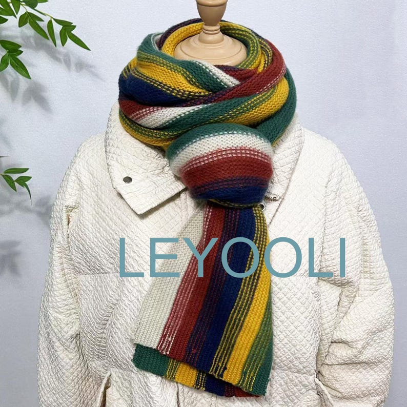 Rainbow Knitted Scarf, Colorful Wool Blend, Winter Warm Shawl