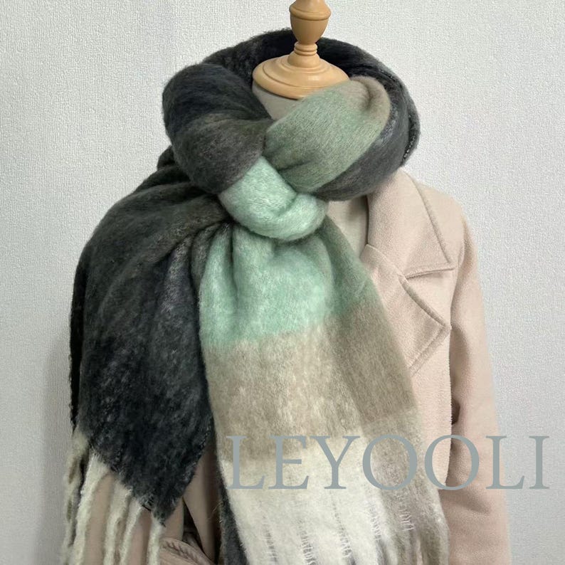 Green Plaid Mohair Scarf, Classic Warm Shawl