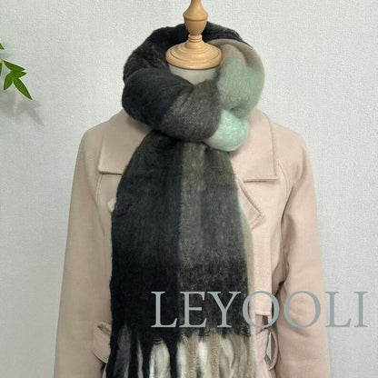 Green Plaid Mohair Scarf, Classic Warm Shawl