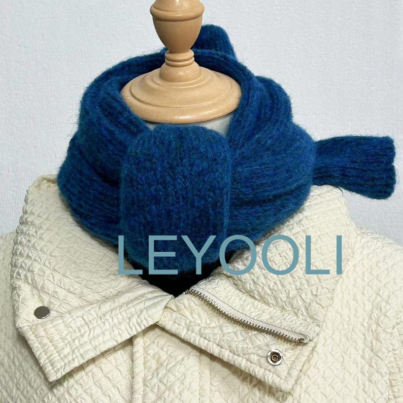 Handmade Wool Knitted Scarf: Dark Navy Blue Winter Scarf