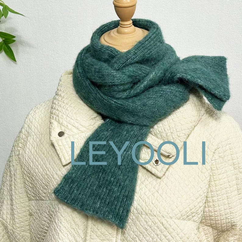 Handmade Turquoise Green Wool Knitted Scarf, Winter Accessory