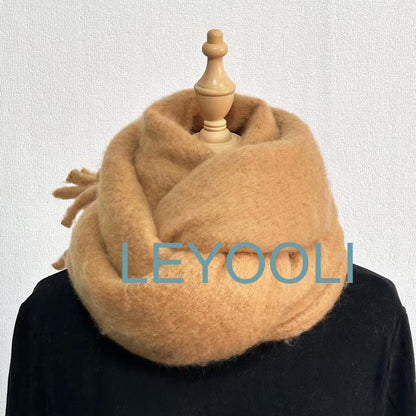 Camel Mohair Blend Tassel Scarf, Warm Winter Solid Color Scarf