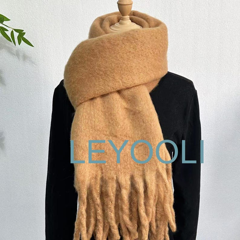 Camel Mohair Blend Tassel Scarf, Warm Winter Solid Color Scarf