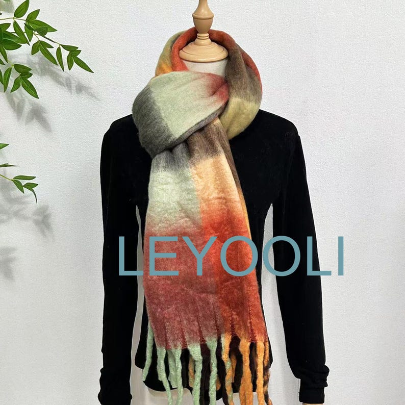 Red Brown Plaid Mohair Scarf: Warm Winter Shawl