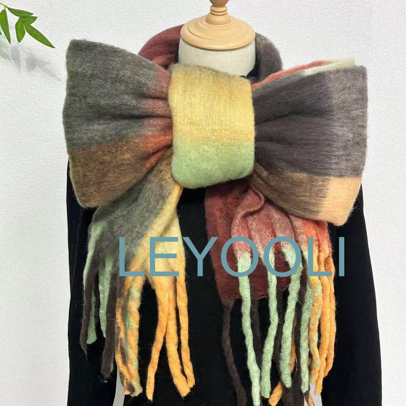 Red Brown Plaid Mohair Scarf: Warm Winter Shawl