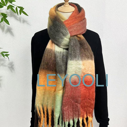 Plaid Mohair Scarf, Red Brown Wool Blend, Warm Winter Shawl