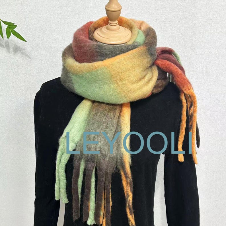 Plaid Mohair Scarf, Red Brown Wool Blend, Warm Winter Shawl