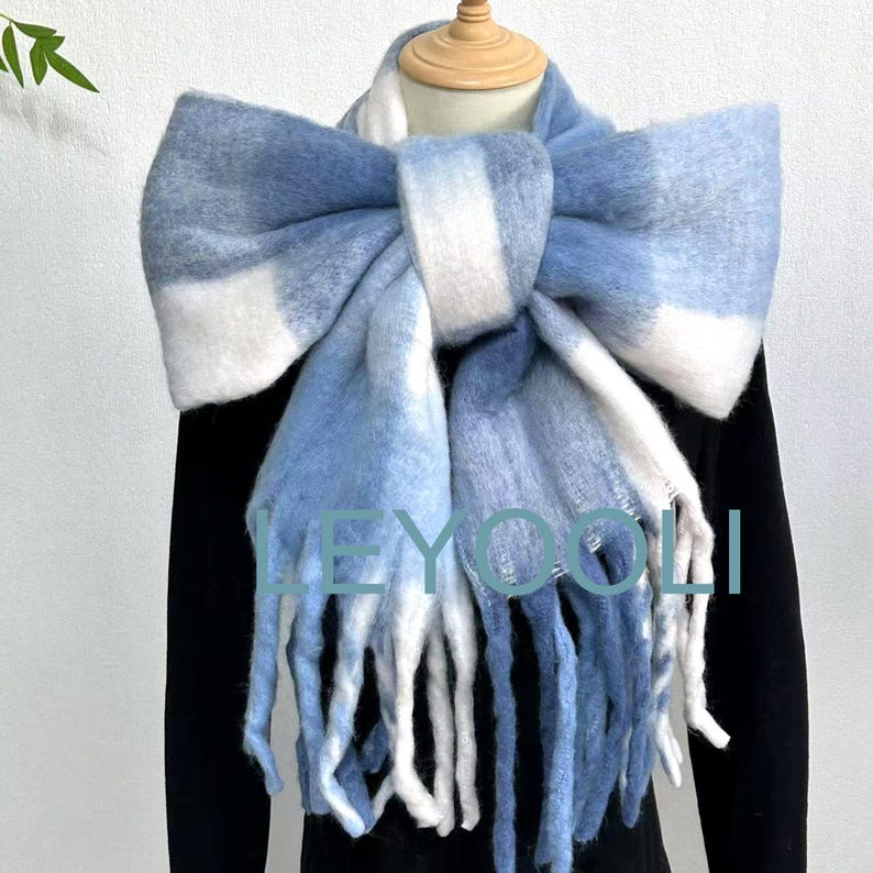 Blue Mohair Plaid Scarf: Warm Winter Shawl