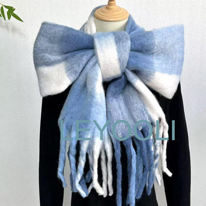 Blue Mohair Plaid Scarf: Warm Winter Shawl