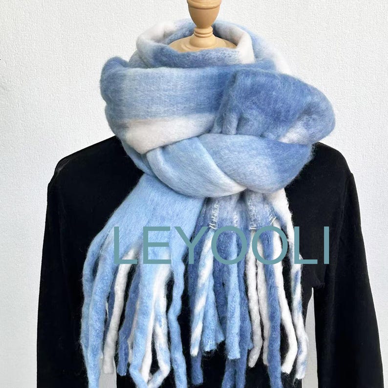 Blue Mohair Plaid Scarf: Warm Winter Shawl