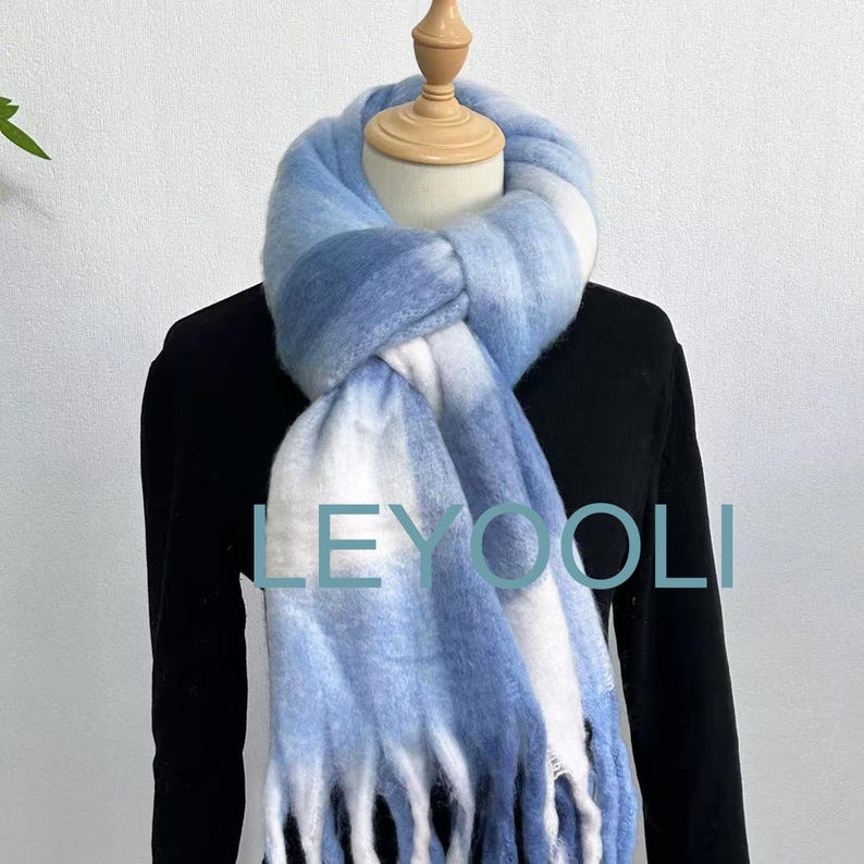 Blue Mohair Plaid Scarf: Warm Winter Shawl