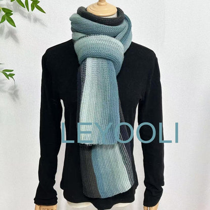 Blue Striped Knit Scarf, Warm Wool Shawl (220cm*35cm)
