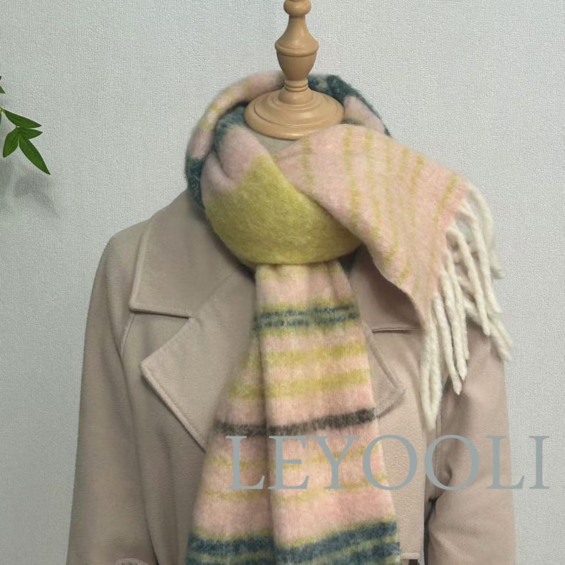 Striped Mohair Scarf, Warm Winter Scarf, Beige Orange Green Brown