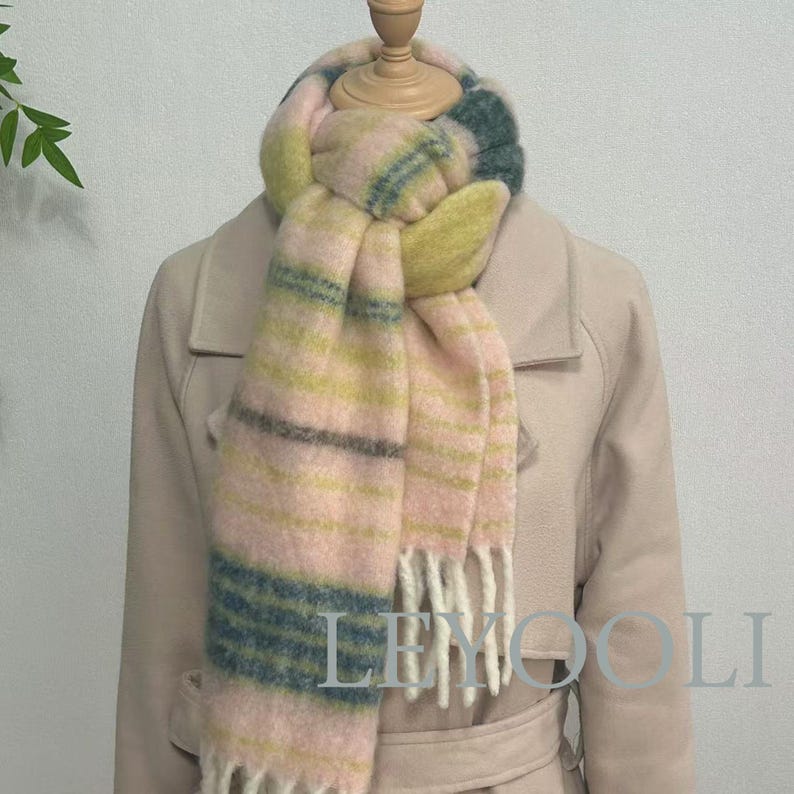 Striped Mohair Scarf, Warm Winter Scarf, Beige Orange Green Brown