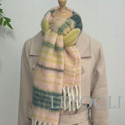 Striped Mohair Scarf, Warm Winter Scarf, Beige Orange Green Brown