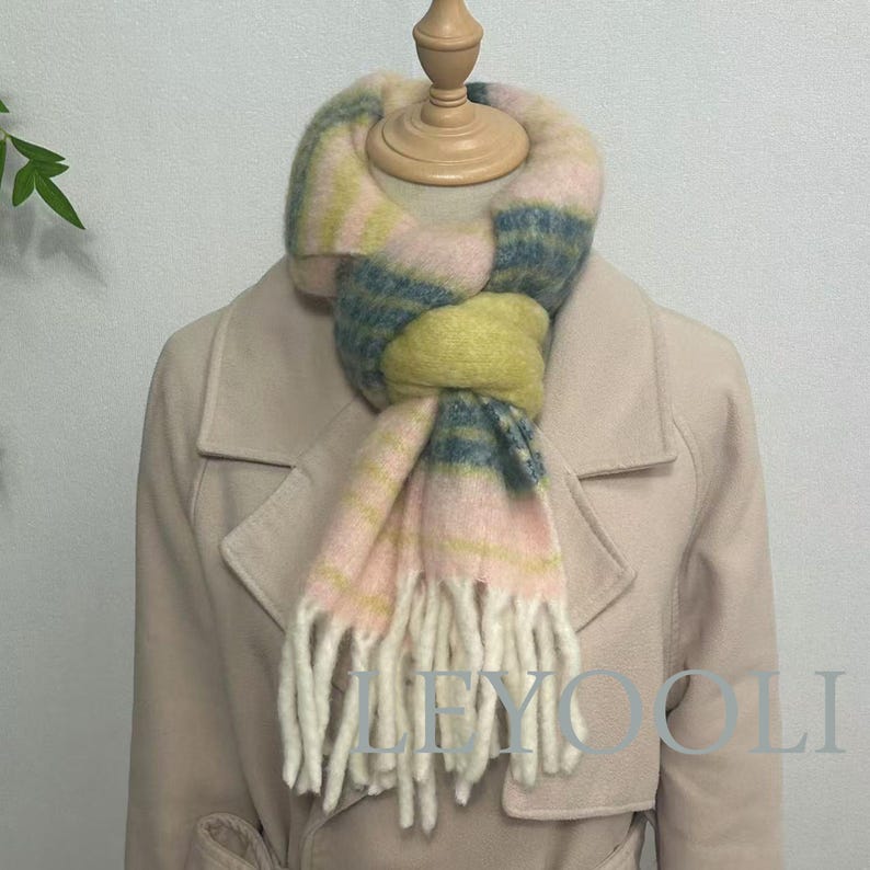 Striped Mohair Scarf, Warm Winter Scarf, Beige Orange Green Brown