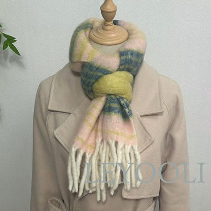 Striped Mohair Scarf, Warm Winter Scarf, Beige Orange Green Brown