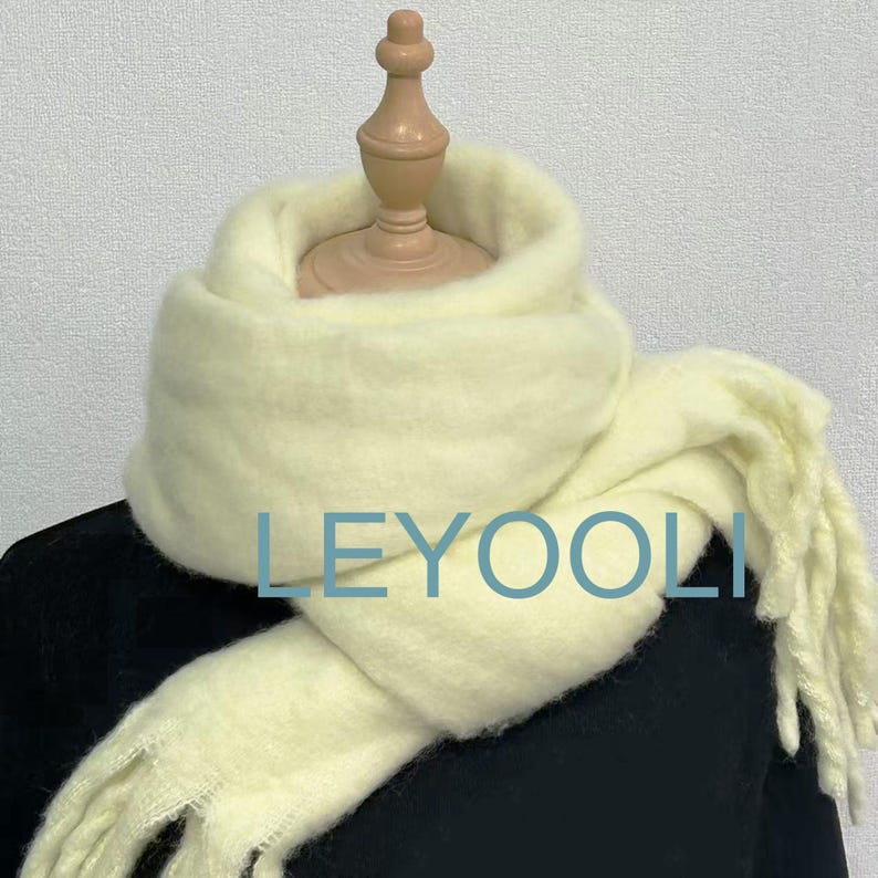 Cream Mohair Blend Scarf, Winter Tassel Scarf