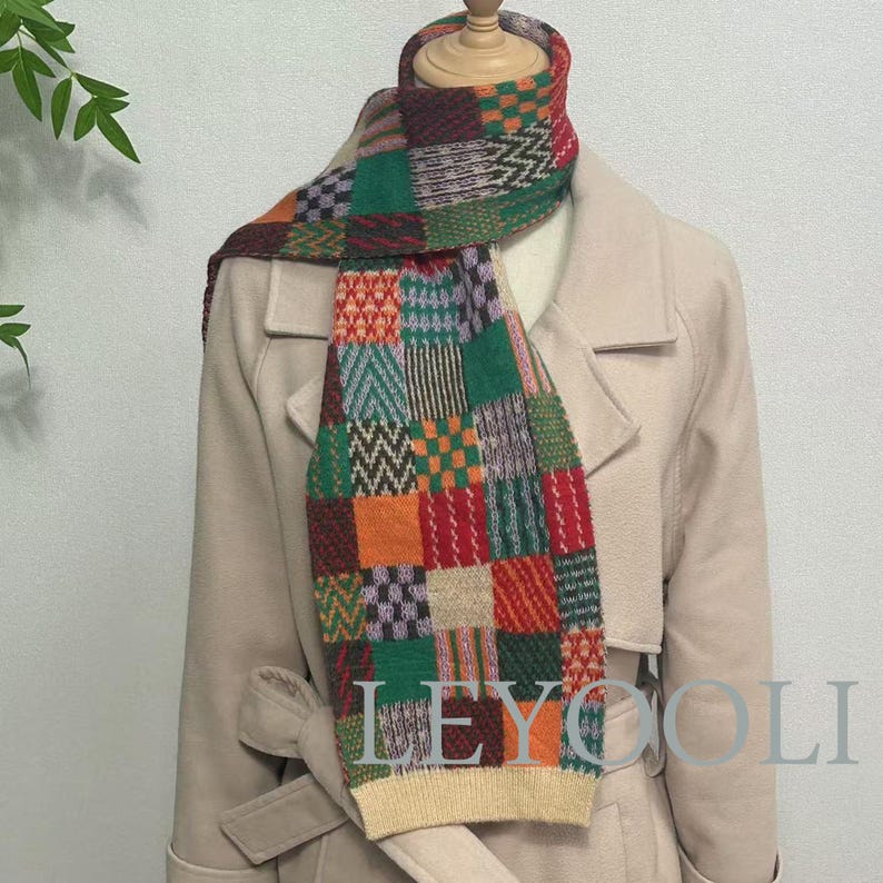 Knitted Colorful Plaid Cotton Scarf, Winter Warm Scarf