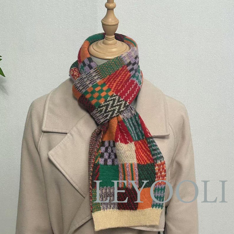 Knitted Colorful Plaid Cotton Scarf, Winter Warm Scarf