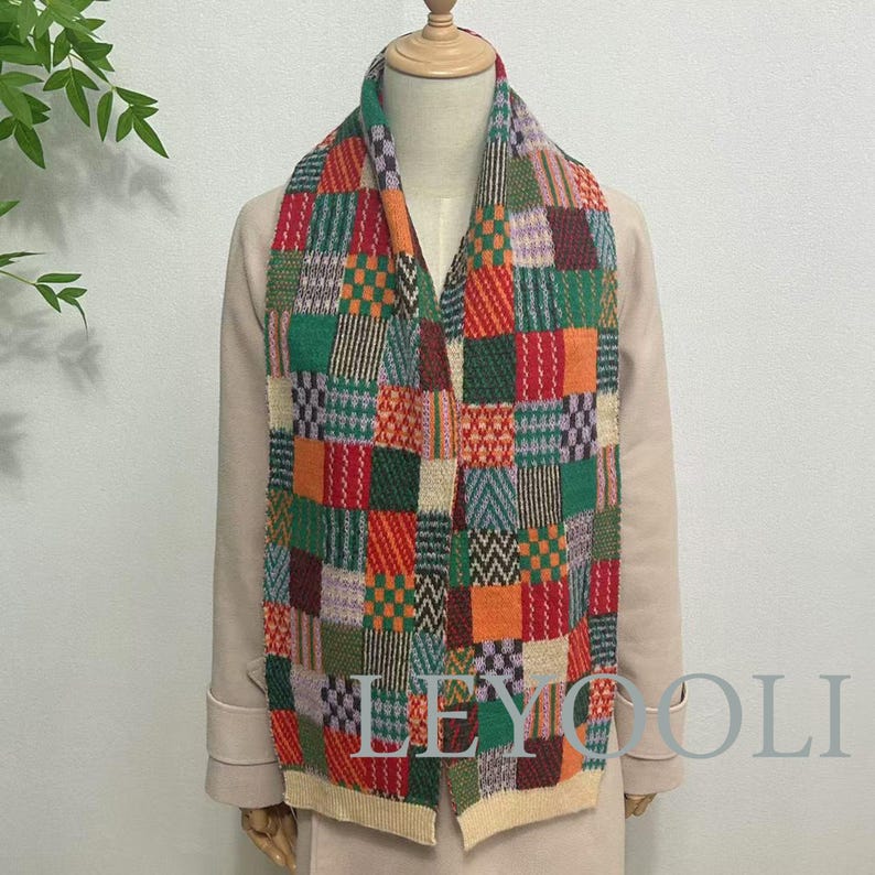 Knitted Colorful Plaid Cotton Scarf, Winter Warm Scarf
