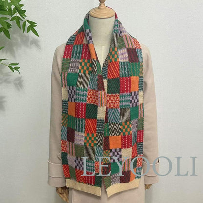 Knitted Colorful Plaid Cotton Scarf, Winter Warm Scarf