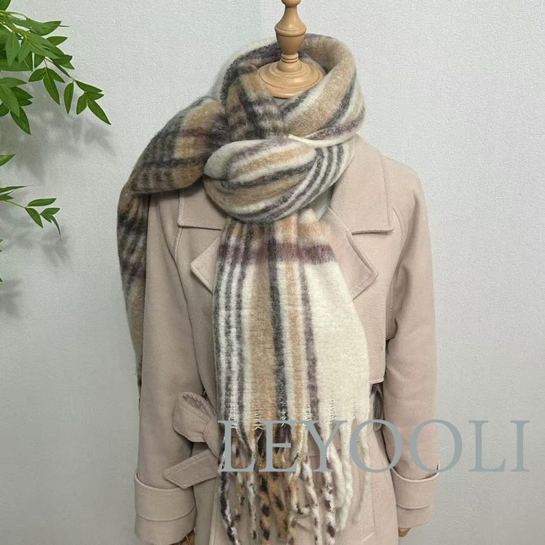 Brown Plaid Mohair Tassel Scarf, Warm Winter Shawl