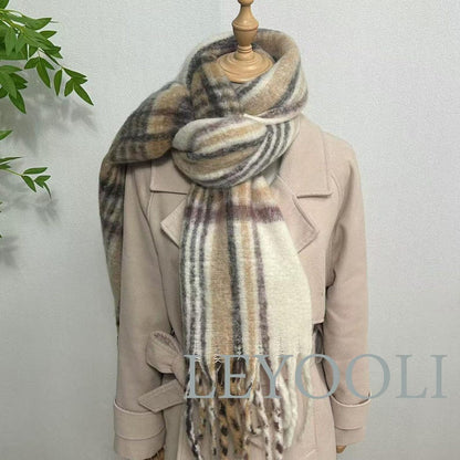 Brown Plaid Mohair Tassel Scarf, Warm Winter Shawl