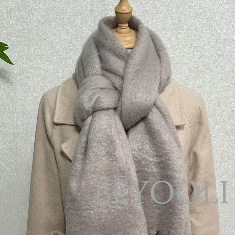 Gray Mohair Fringed Scarf, Warm Winter Shawl