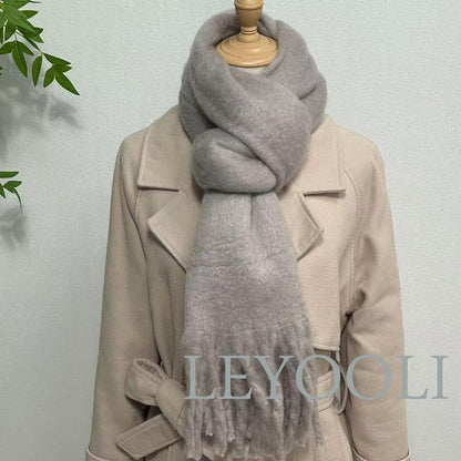 Gray Mohair Fringed Scarf, Warm Winter Shawl