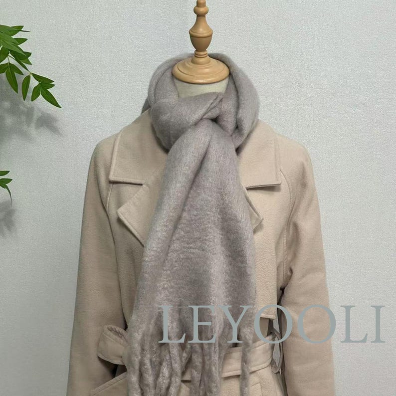 Gray Mohair Fringed Scarf, Warm Winter Shawl