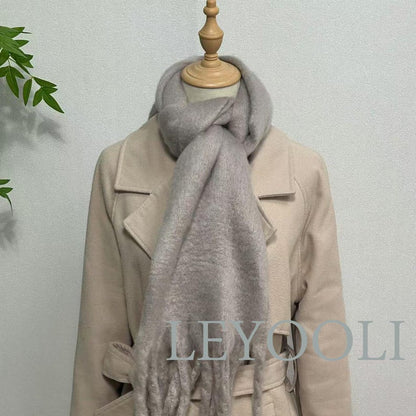 Gray Mohair Fringed Scarf, Warm Winter Shawl