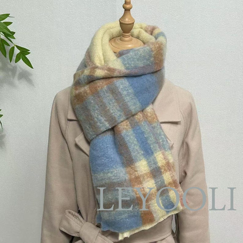Blue Plaid Mohair Scarf, Winter Warm Shawl (200x37cm)