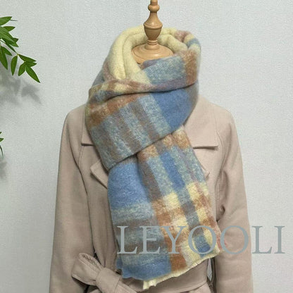Blue Plaid Mohair Scarf, Winter Warm Shawl (200x37cm)