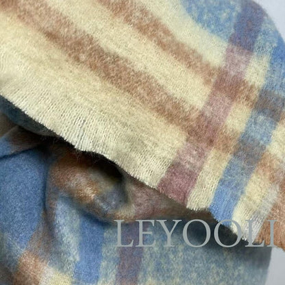 Blue Plaid Mohair Scarf, Winter Warm Shawl (200x37cm)