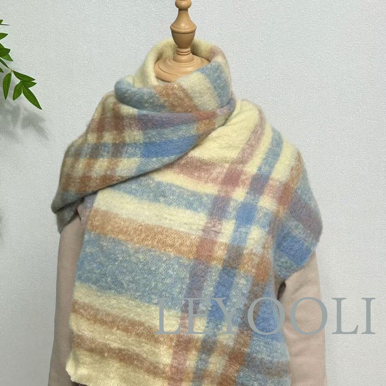 Blue Plaid Mohair Scarf, Winter Warm Shawl (200x37cm)